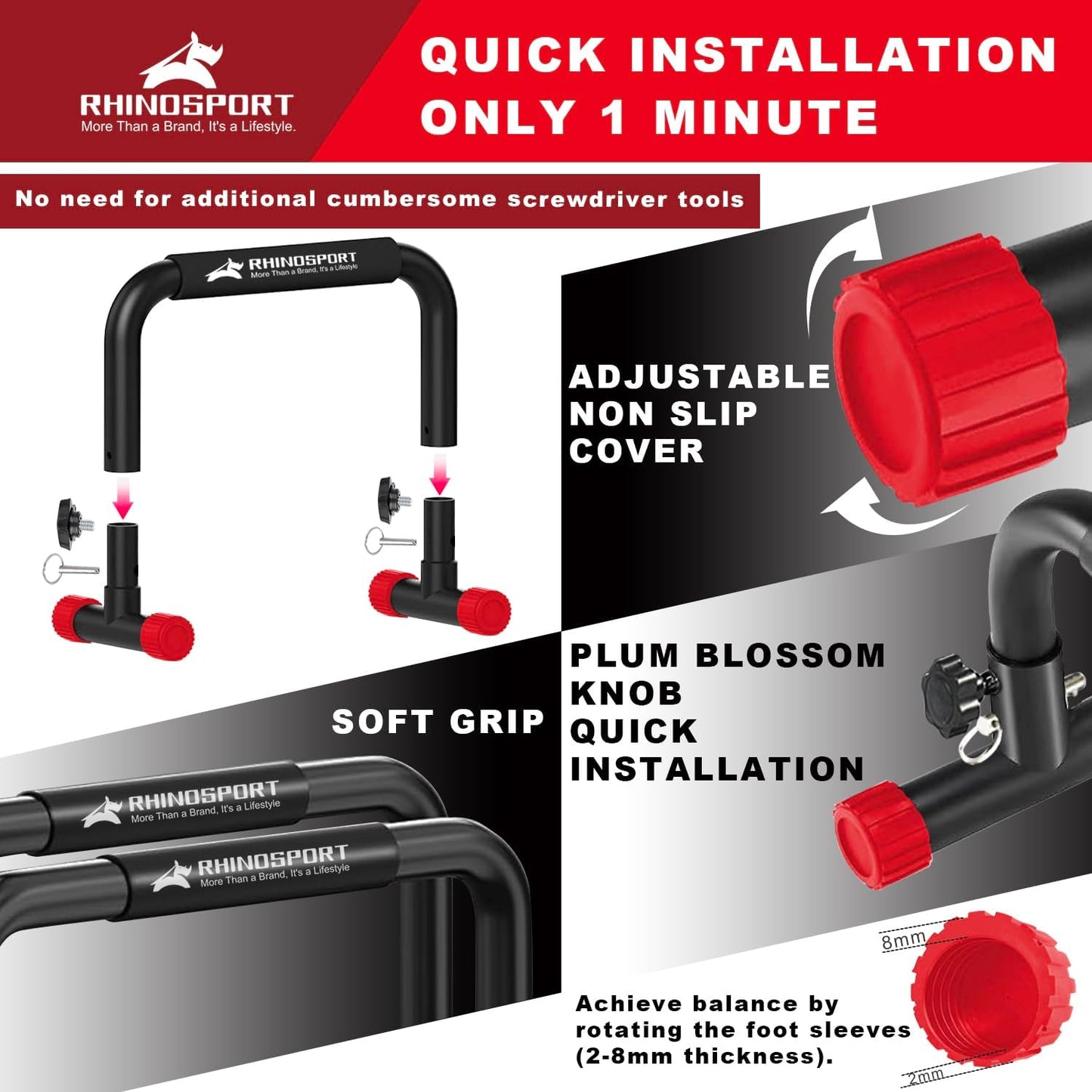 RHINOSPORT Parallettes Bars D5 Dip Calisthenics Push Up Bars